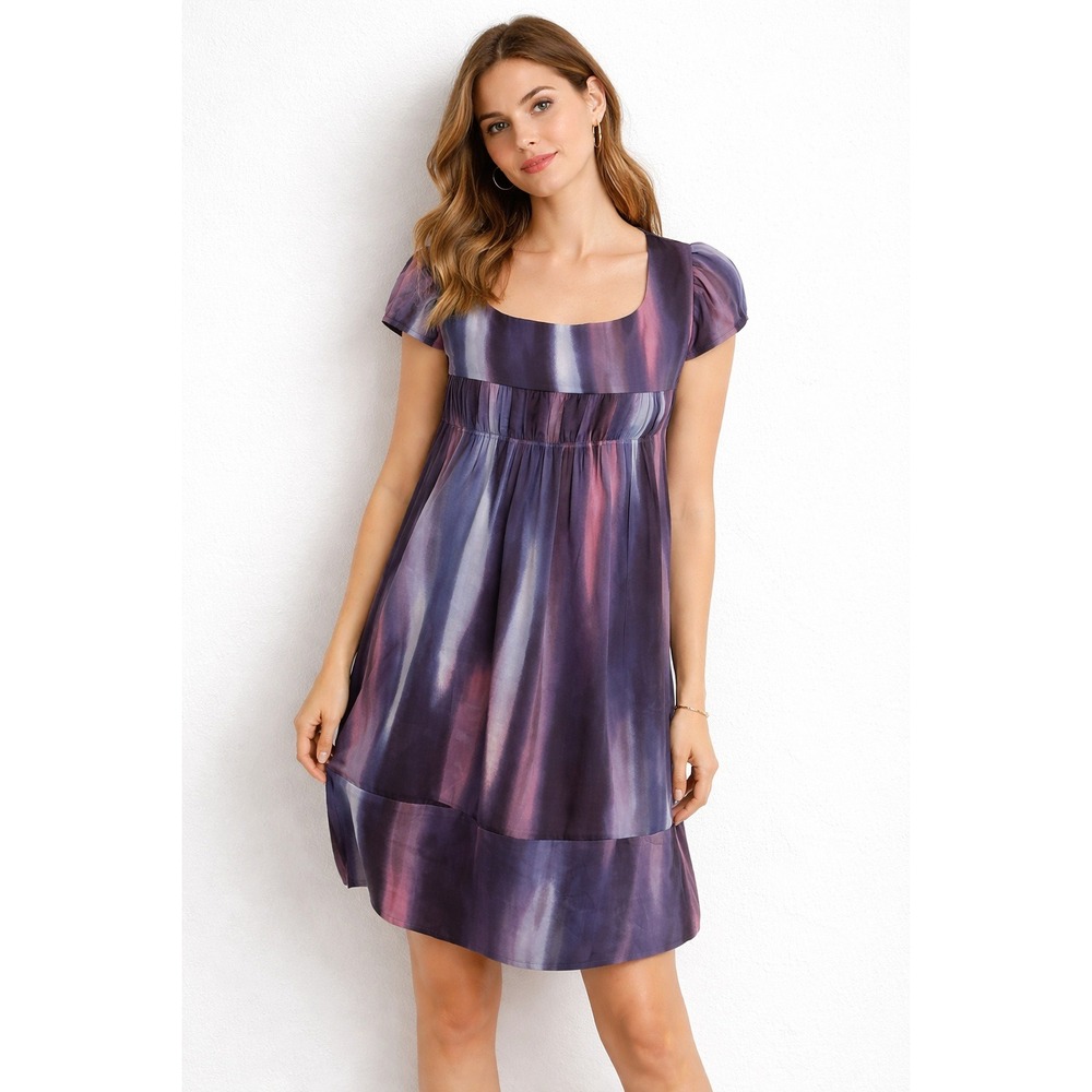 Montano Paris Purple Blue Tie Dye Cotton Empire Waist Babydoll Dress M Italy